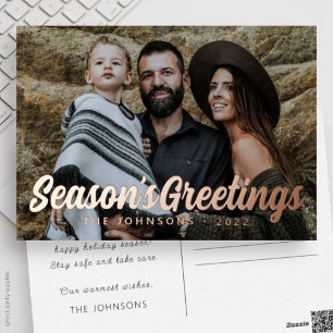 Modern Simple Cursive Script Greeting Family Photo Foil Holiday Postcard