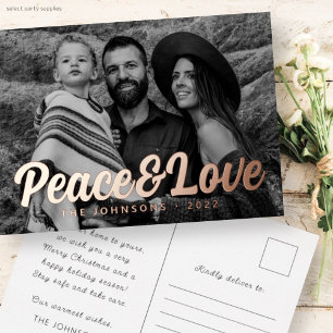 Modern Simple Cursive Script Greeting Family Photo Foil Holiday Postcard