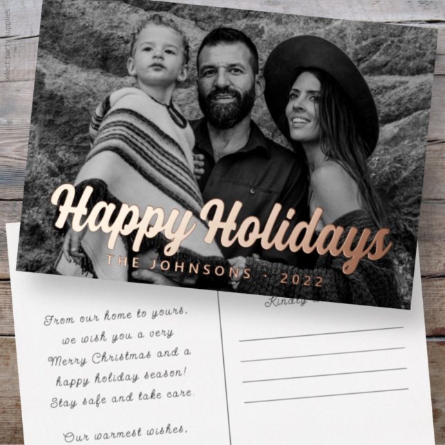 Modern Simple Cursive Script Greeting Family Photo Foil Holiday Postcard (Creator Uploaded)