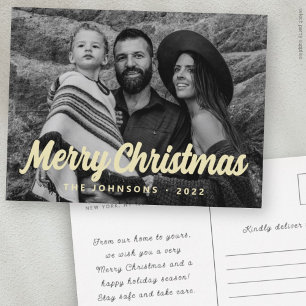 Modern Simple Cursive Script Greeting Family Photo Holiday Postcard