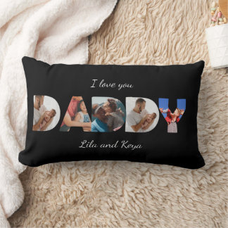 Modern Simple Custom Photo Collage DADDY Script Lumbar Pillow