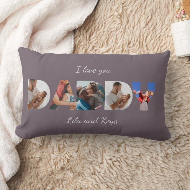 Modern Simple Custom Photo Collage DADDY Script Lumbar Pillow (Blanket)