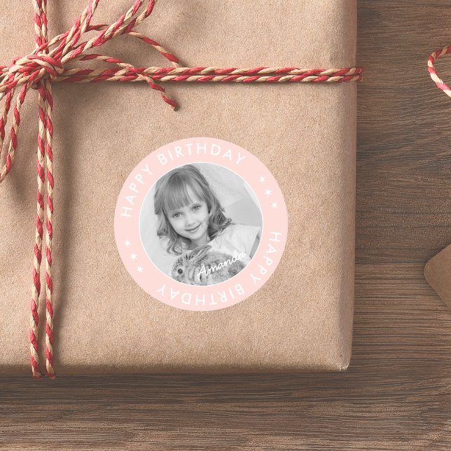 Modern Simple Cute Kids Pink Happy Birthday Photo Classic Round Sticker (Modern Simple Cute Kids Pink Happy Birthday Photo Classic Round Sticker
)