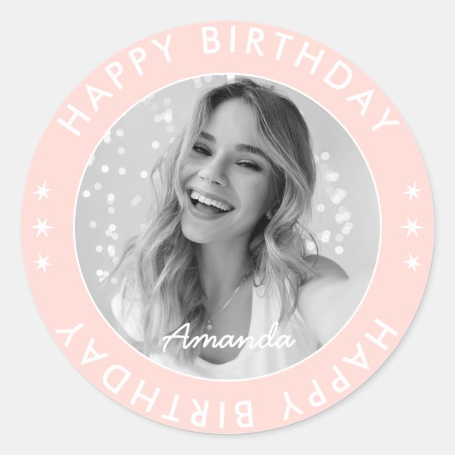 Modern Simple Cute Pink Happy Birthday Photo Classic Round Sticker (Front)