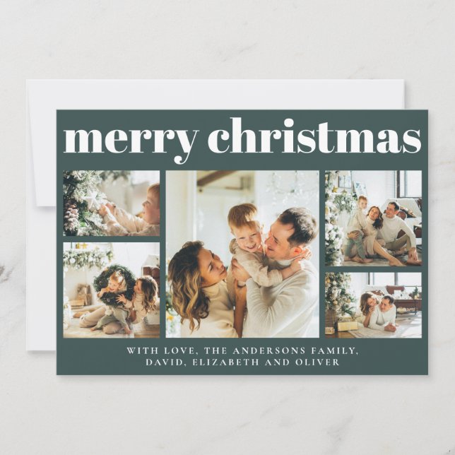 Modern Simple Dark Green Photo Collage Christmas Holiday Card (Front)