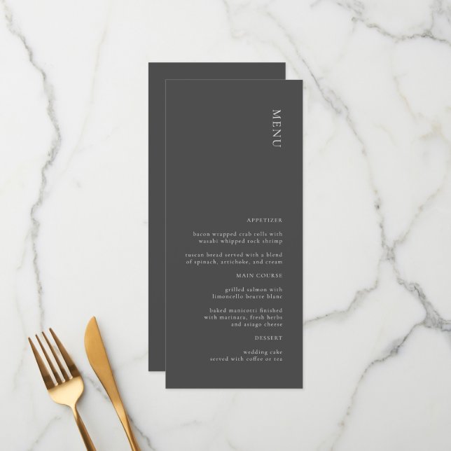 Modern Simple Dark Grey Wedding Menu (Front/Back In Situ)