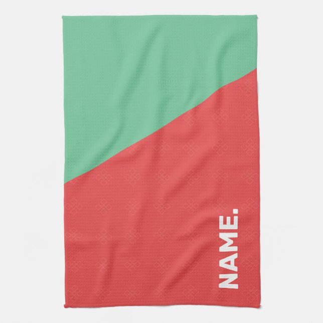 Modern simple design custom text, coral and mint kitchen towel (Vertical)