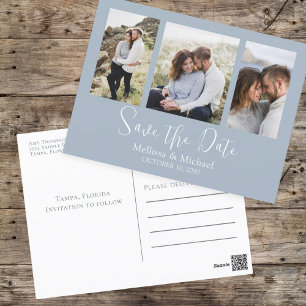 Modern Simple Dusty Blue Elegant 3 Photo Budget Postcard