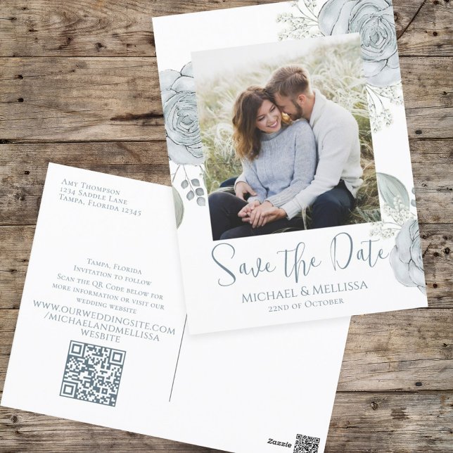 Modern Simple Dusty Blue Floral Photo QR Code  Postcard (Creator Uploaded)