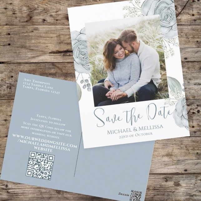 Modern Simple Dusty Blue Floral Photo QR Code Postcard (Creator Uploaded)