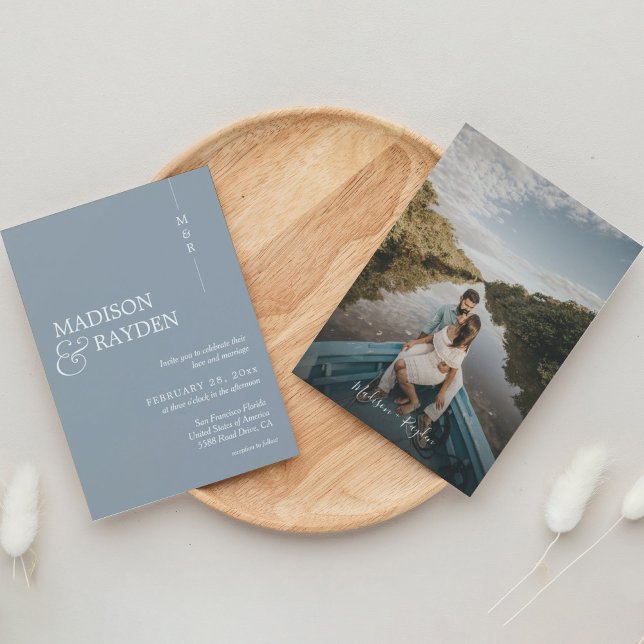 Modern Simple Dusty Blue Monogram Photo Wedding Invitation (Creator Uploaded)