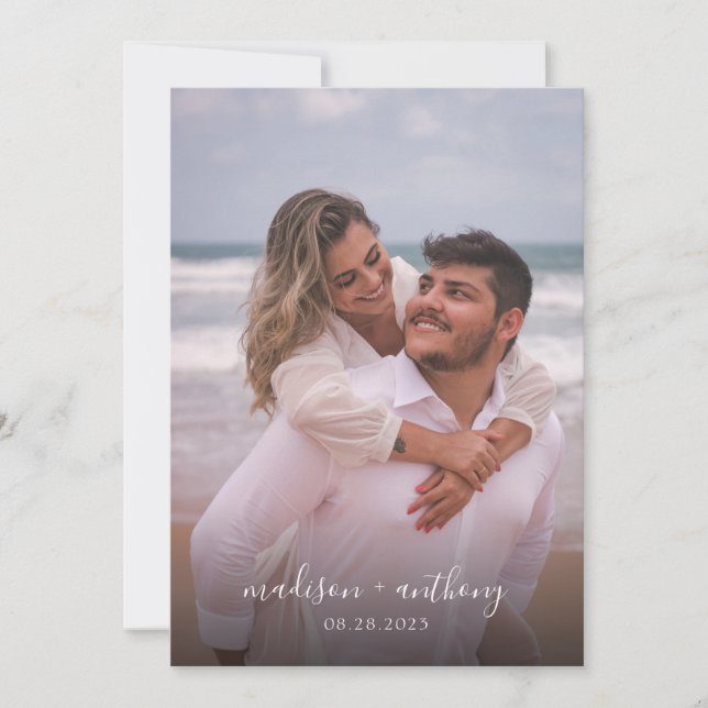Modern Simple Dusty Blue Script Photo Wedding Invitation (Front)