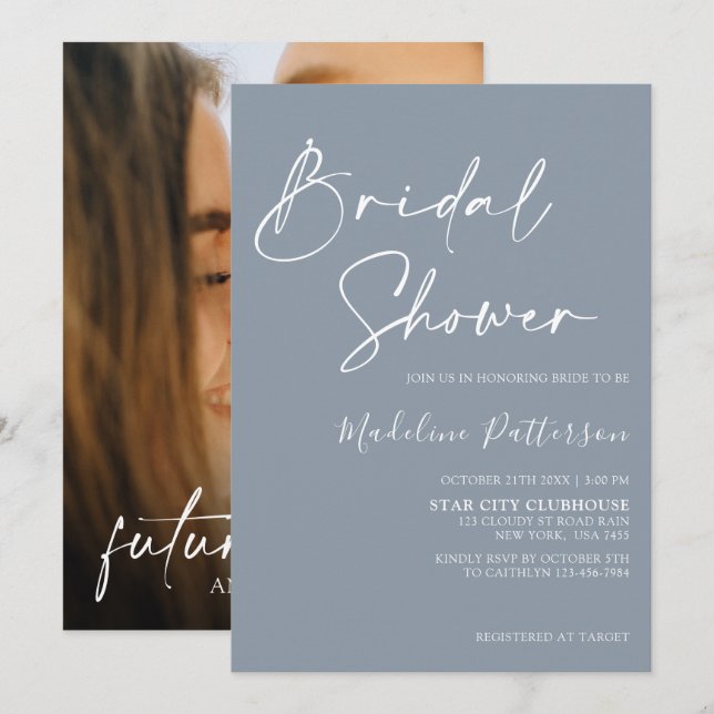 Modern Simple Dusty Blue with Photo Bridal Shower Invitation (Front/Back)