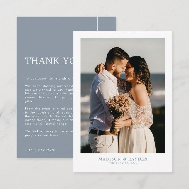 Modern Simple Dusty Blue with Photo Wedding Thank You Card (Front/Back)
