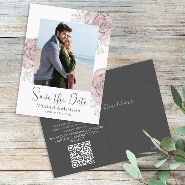 Modern Simple Dusty Rose Floral Photo QR Code Postcard (Creator Uploaded)