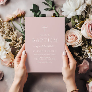 Modern Simple Elegant Blush Dusty Pink Baptism Invitation