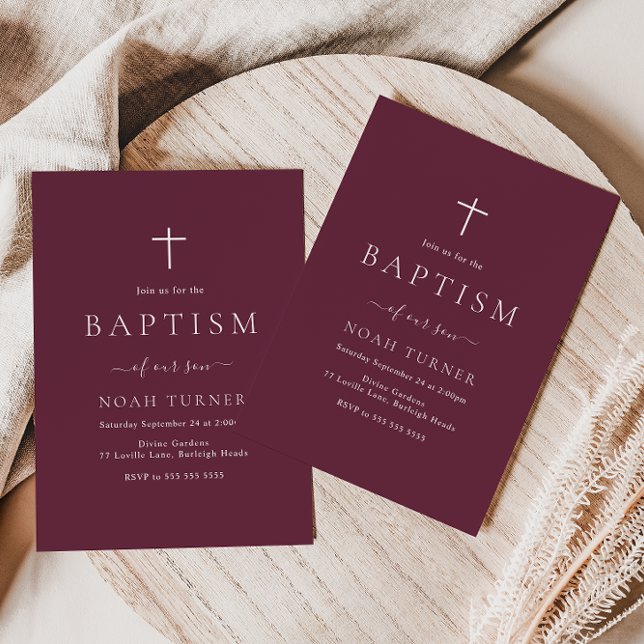 Modern Simple Elegant Burgundy Wine Baptism Invitation (Creator Uploaded)