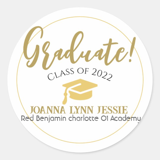 Modern Simple Elegant Graduation gold Cap Script Classic Round Sticker (Front)