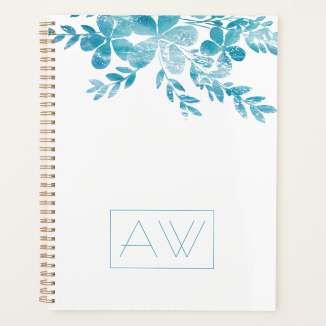 Modern Simple Elegant Monogram Blue White Floral  Planner (Front)
