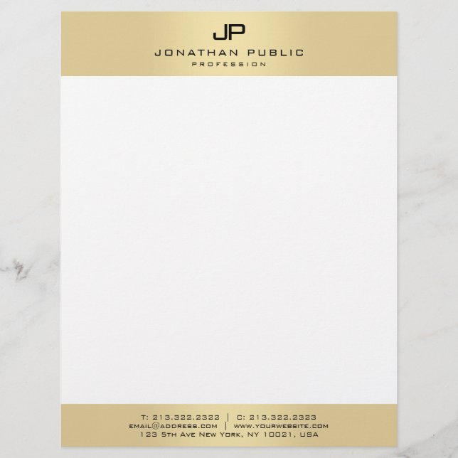 Modern Simple Elegant Monogram Gold And White Letterhead (Front)