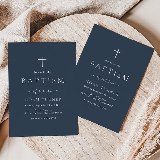 Modern Simple Elegant Navy Blue Baptism Invitation (Creator Uploaded)