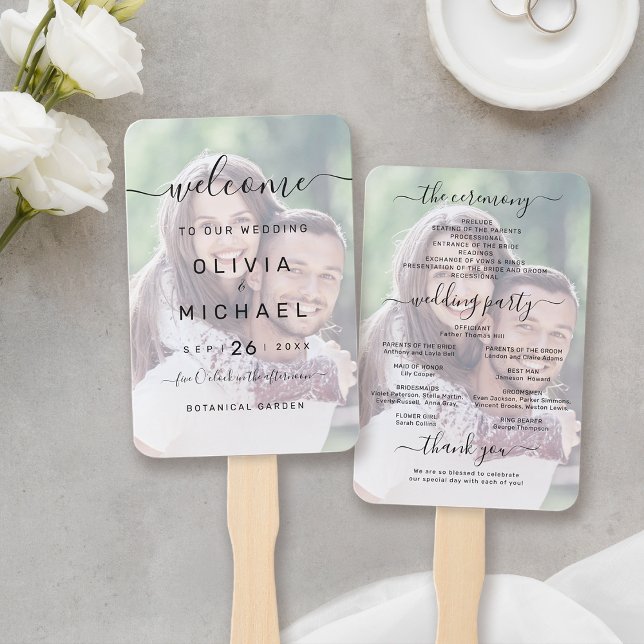 Modern simple elegant script photo wedding program hand fan (Modern simple elegant script photo wedding program hand fan)
