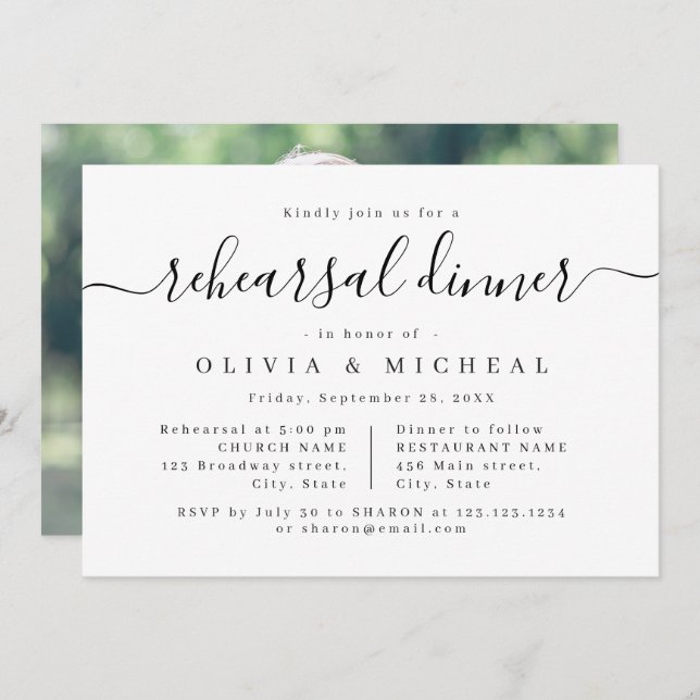Modern simple elegant script rehearsal dinner invitation (Front/Back)