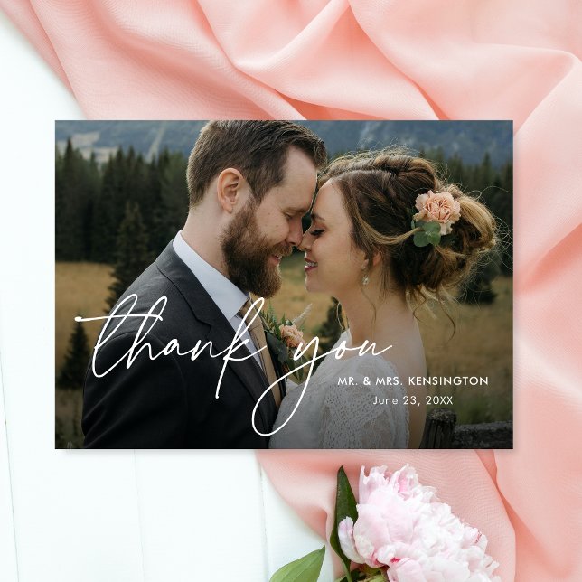 Modern Simple Elegant Script Two Photo Wedding Thank You Card (Creator Uploaded)