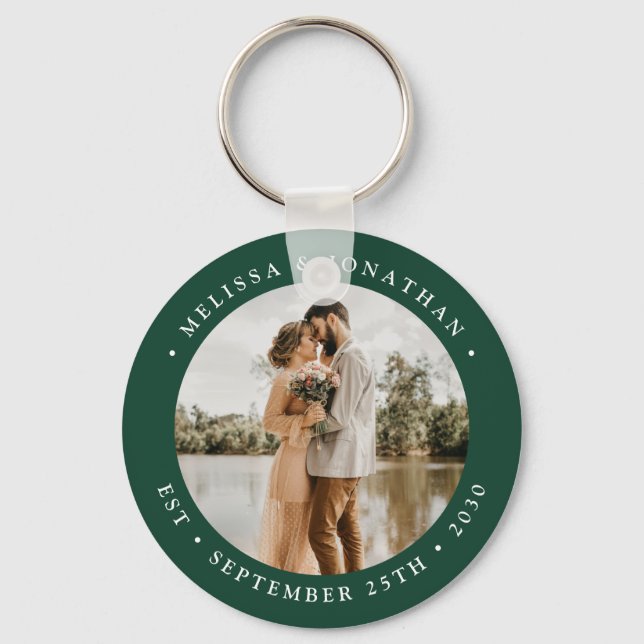 Modern Simple Emerald Green Photo Wedding Favour Keychain (Front)