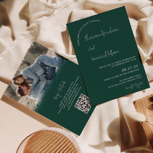Modern Simple Emerald Green RSVP QR code Wedding Invitation