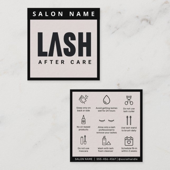 Modern Simple Eyelash Extensions Lash Aftercare Square Business Card (Front/Back)
