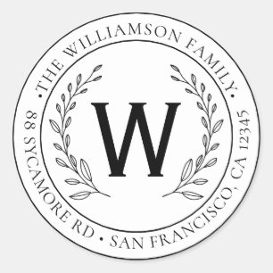 Modern Simple Family Name Monogram Return Address Classic Round Sticker