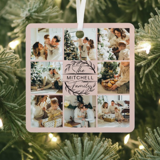 Modern Simple Family Photo Collage Blush Pink Metal Ornament (Insitu)