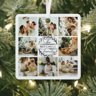 Modern Simple Family Photo Collage   Monogram Gift Metal Ornament