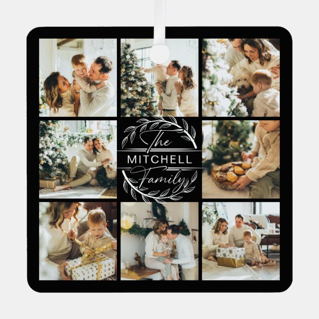 Modern Simple Family Photo Collage | Monogram Gift Metal Ornament (Front)