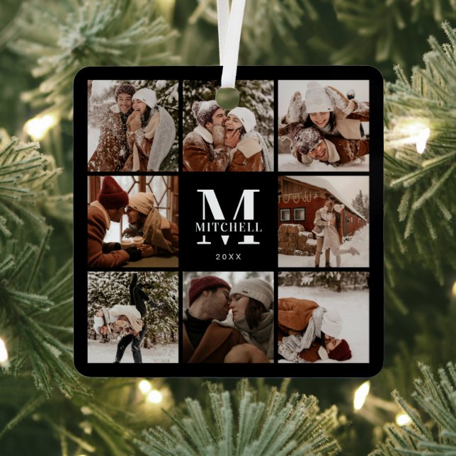 Modern Simple Family Photo Collage | Monogram Gift Metal Ornament (Insitu)