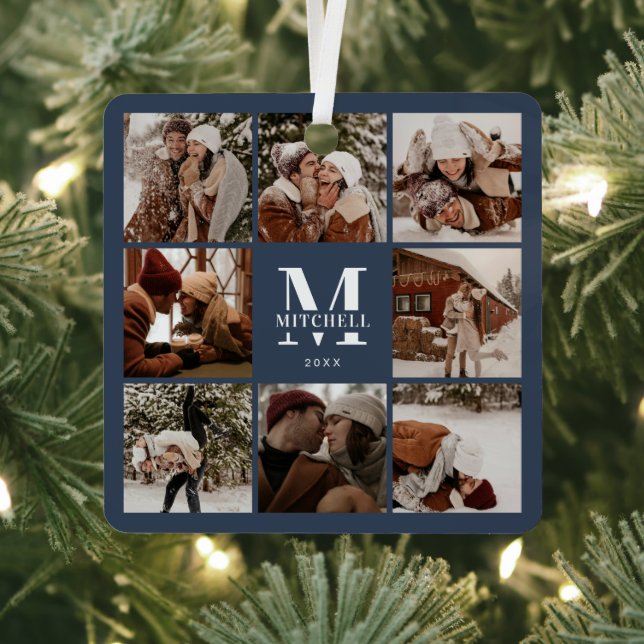 Modern Simple Family Photo Collage | Monogram Navy Metal Ornament (Insitu)