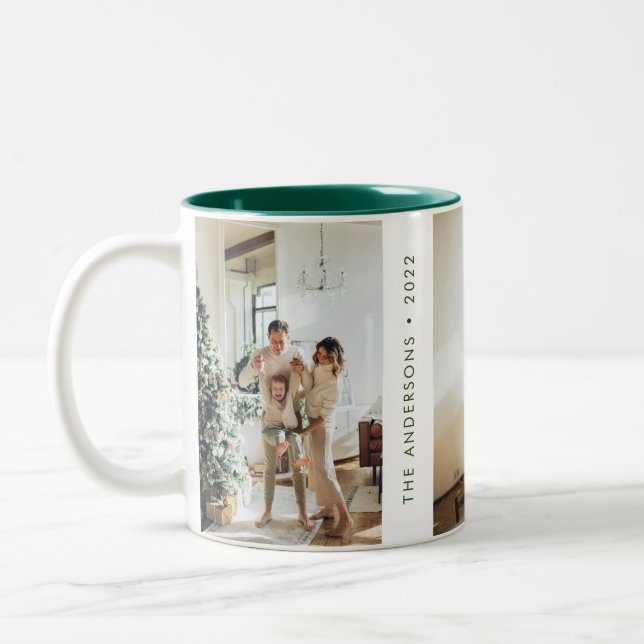 Modern Simple Family Photo New Year Green Two-Tone Coffee Mug (Left)