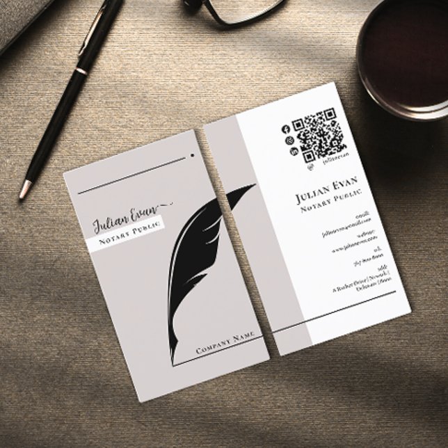 Modern Simple Feather Pen nib Beige Notary Public Business Card (Creator Uploaded)