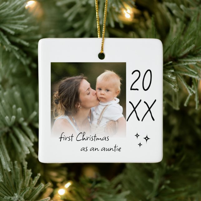 Modern Simple First Christmas As Auntie Photo Ceramic Ornament (Tree)