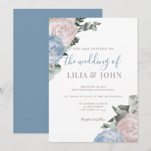 Modern Simple Floral Dusty Blue and Rose Wedding Invitation