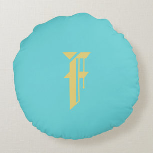 Modern Simple Floral Orange Blue Monogram Template Round Pillow
