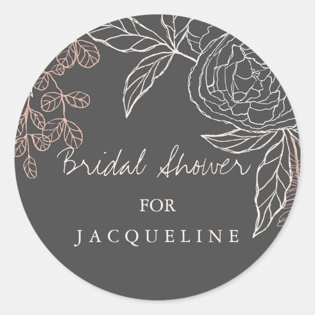 Modern Simple Floral Pen Sketch Grey Bridal Shower Classic Round Sticker (Front)