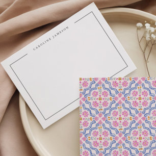 Modern Simple Floral Pink Name Flat Note Card