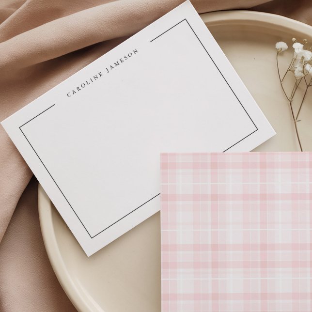 Modern Simple Floral Pink Plaid Flat Note Card (Creator Uploaded)