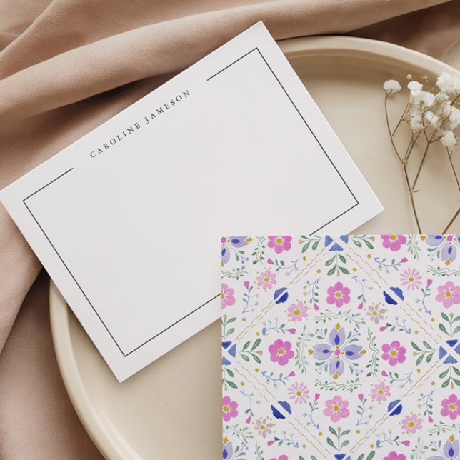 Modern Simple Floral Purple Name Flat Note Card (Creator Uploaded)