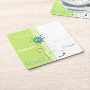 Modern Simple Flower Green Typography Square Paper Coaster