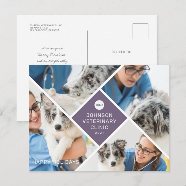 Modern Simple Four Photo and Logo Business Holiday Postcard (Front/Back)