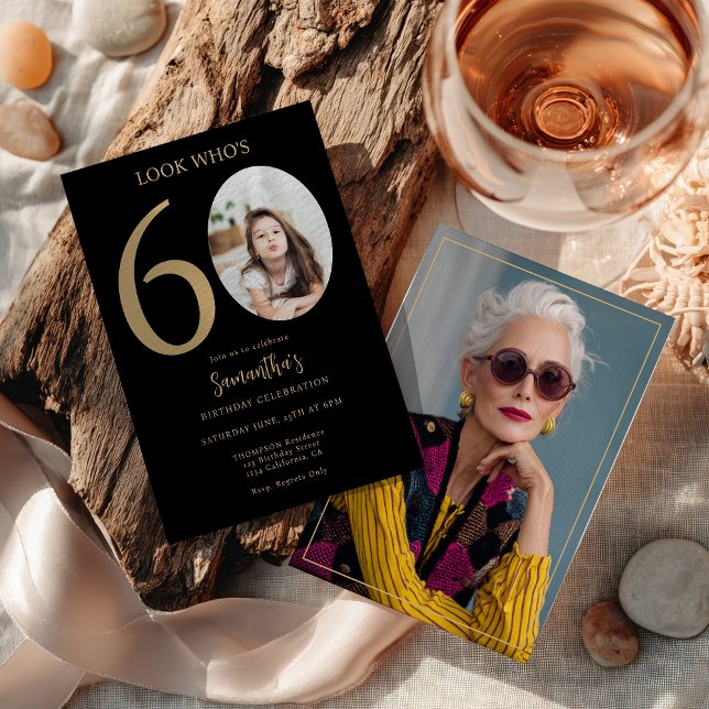 Modern Simple Fun Black Gold 60th Birthday Photo Invitation (Modern Simple Fun Black Gold 60th Birthday Photo Invitation)