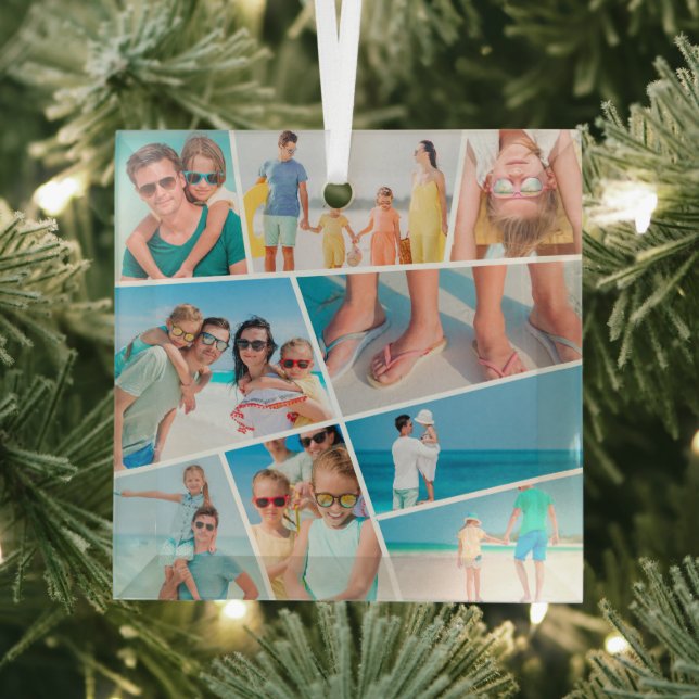 Modern Simple Fun Custom 9 Images Collage Photos Glass Ornament (Insitu)